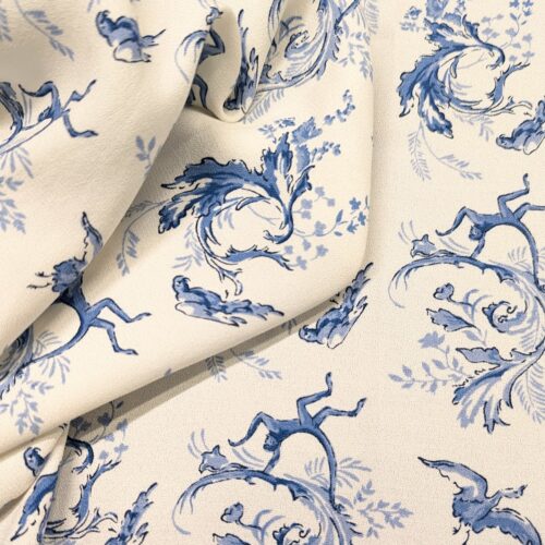 Viscose Crepe Print Monkeys Blue on White