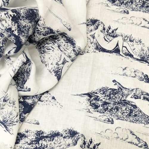 Linen Print Toile de Jouy White Blue