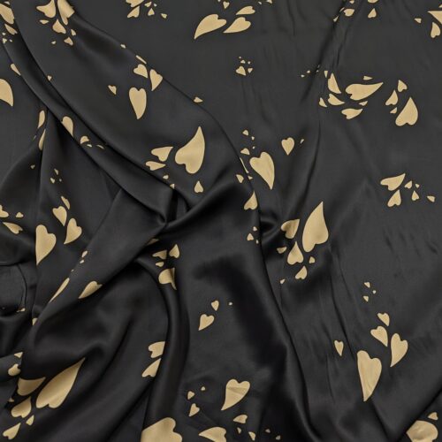 Silk Satin Print Hearts Black Gold