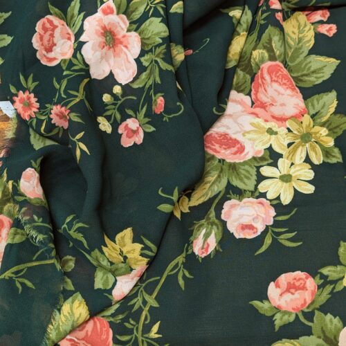 Viscose Georgette Roses Green Pink