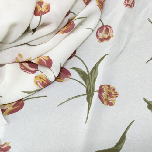 Viscose Georgette Tulips White Red