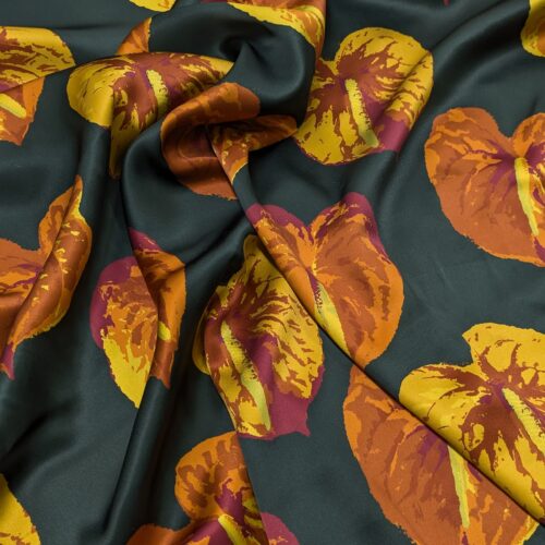 Silk Satin Green Orange Floral Design