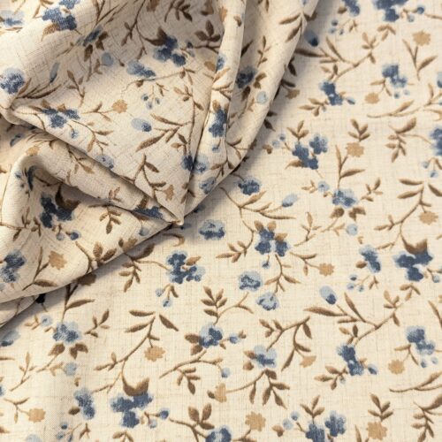 Cotton Linen Beige Blue Floral Print
