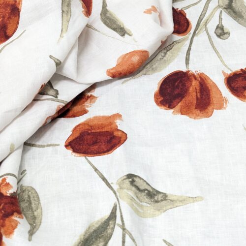 Linen Print Tulips White Red
