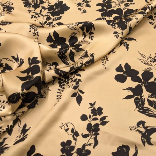 Silk Satin Beige Black Floral Print
