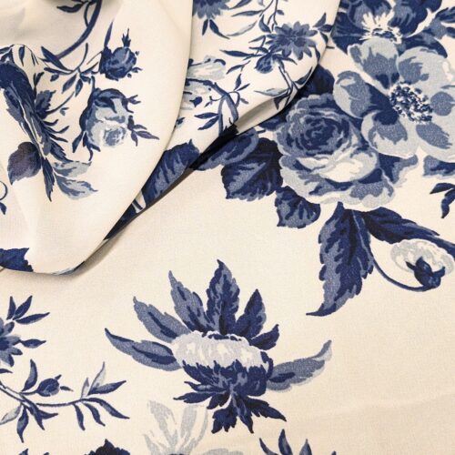 Viscose Georgette Flowers White Blue