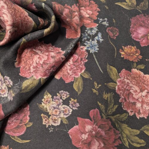 Wool Coat Floral Print Black Red